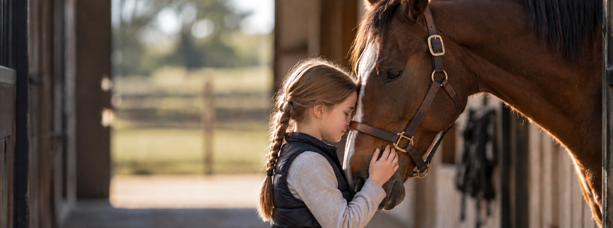 Horse and handler inside a bright stable barn