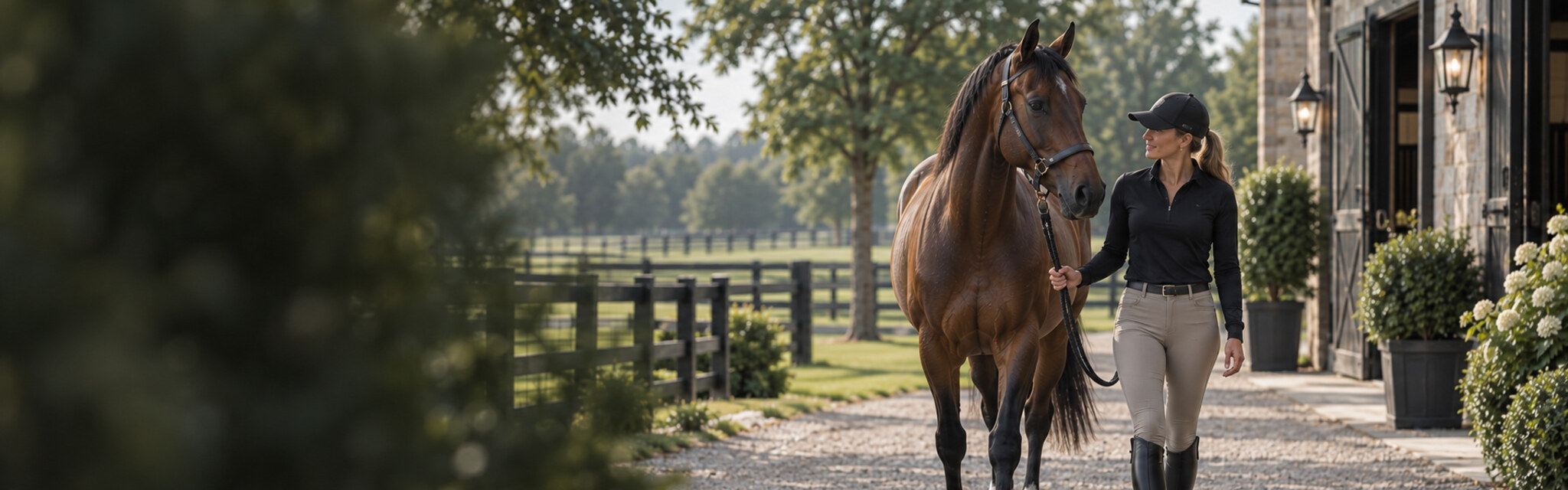 Horse and handler at an equestrian farm