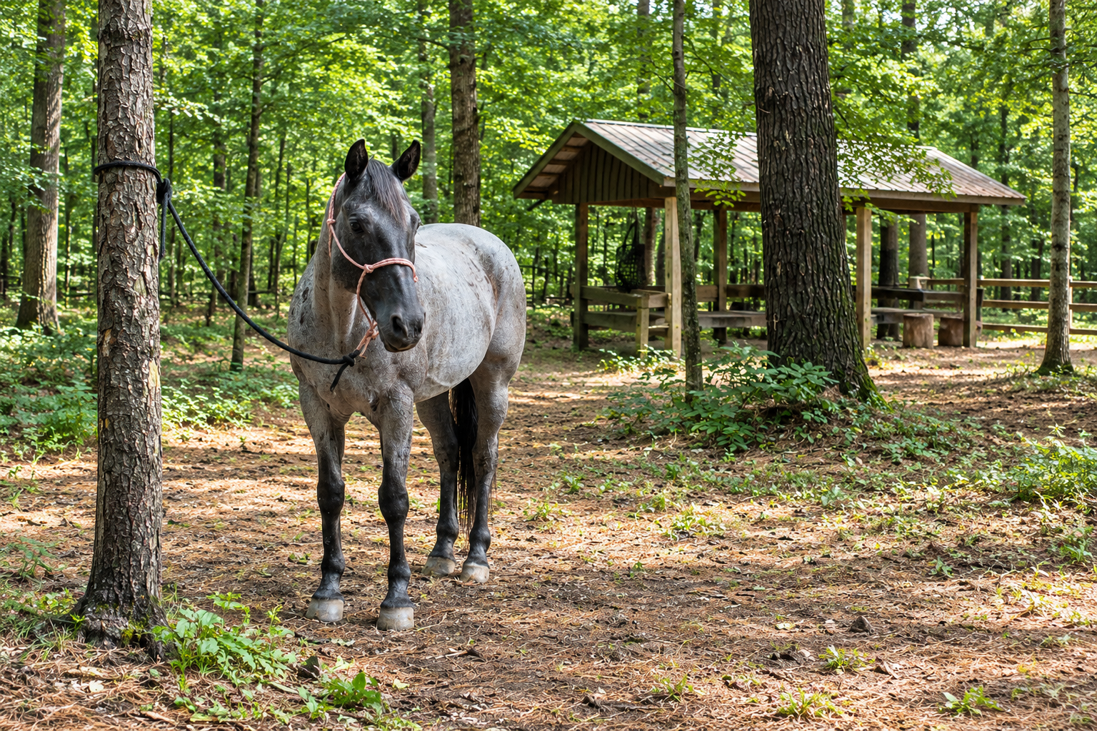 Horse standing near an equestrian shelter